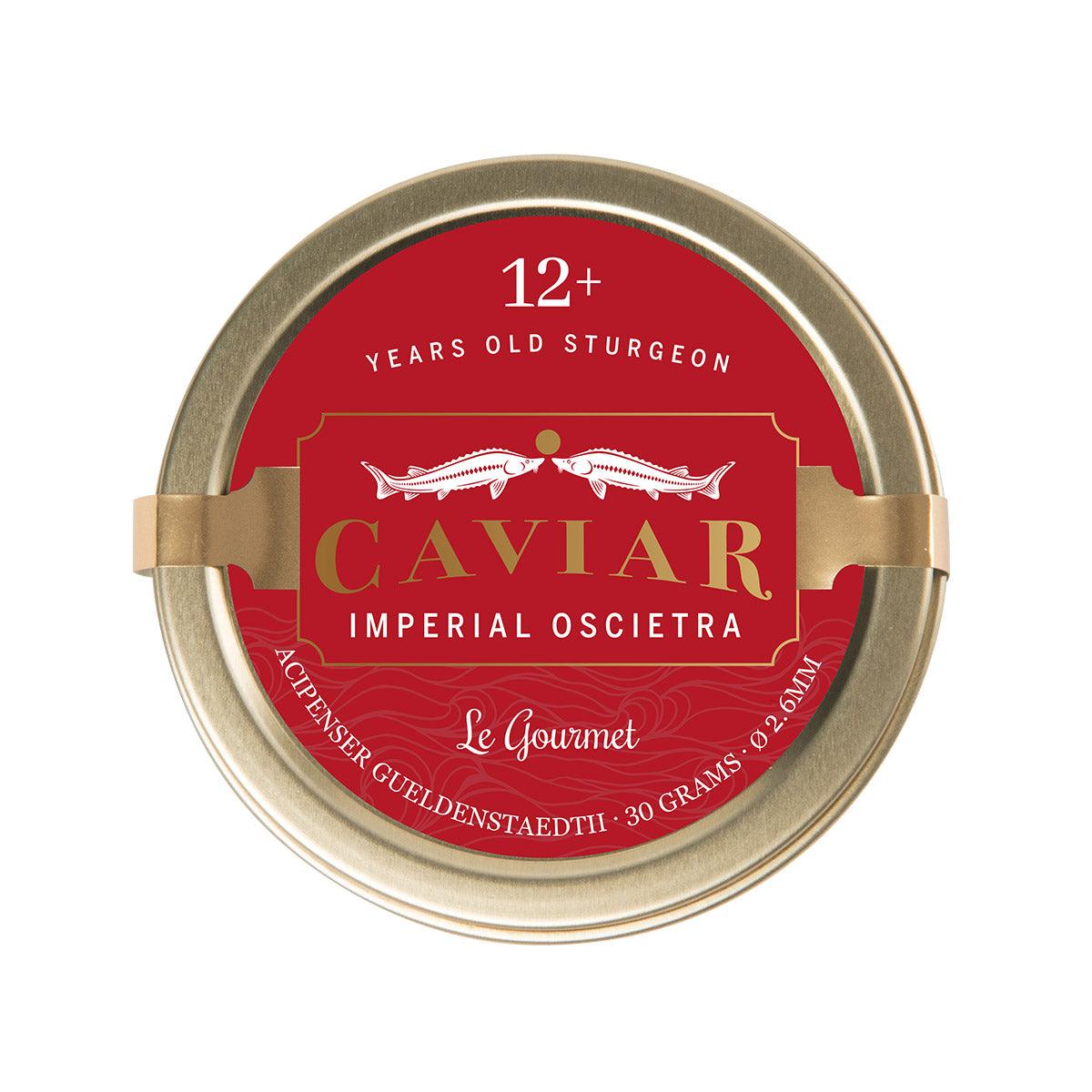 Le Gourmet Imperial Oscietra caviar tin, round red label with gold rim