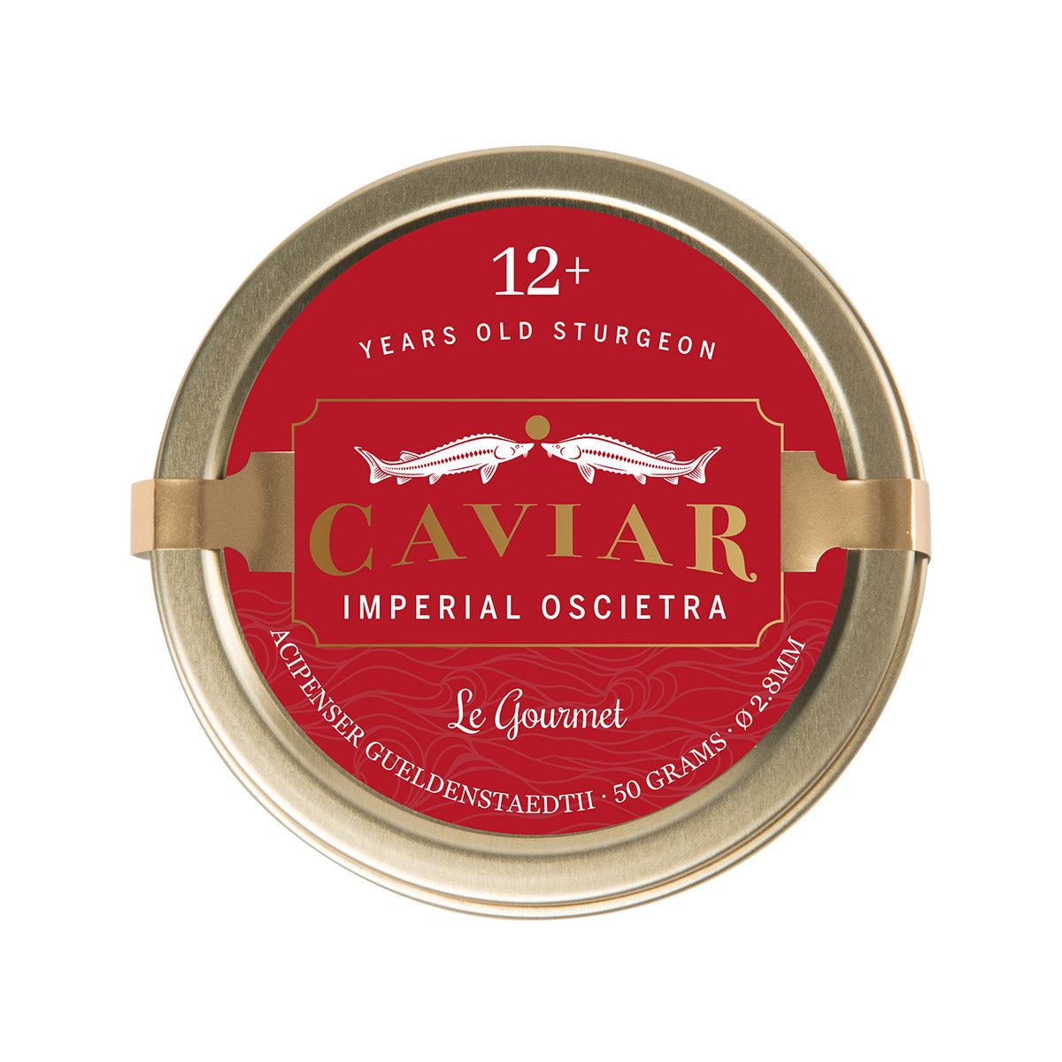 Caviar Imperial Oscietra tin, 50 g, red label with fish emblem and gold rim