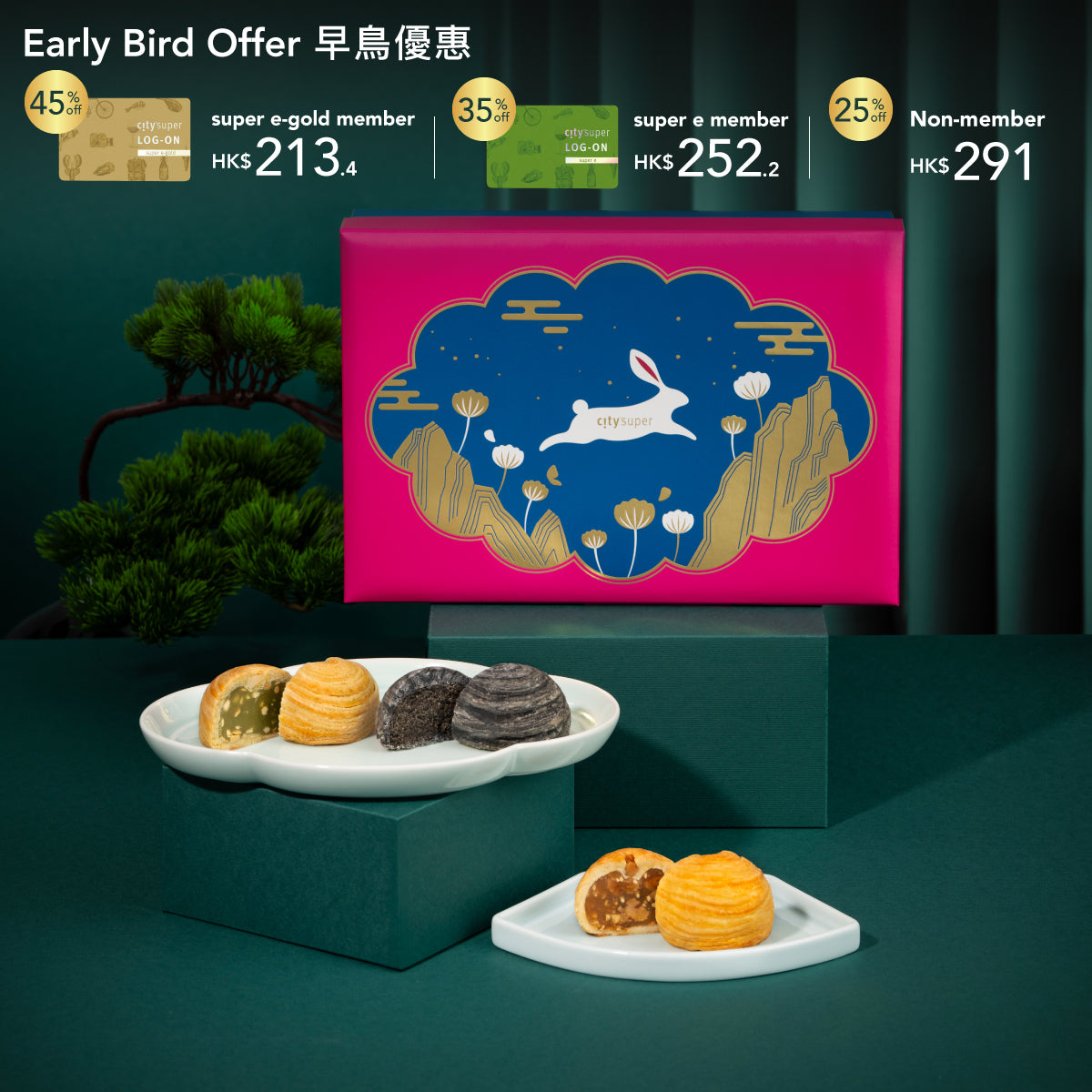 Mooncake gift box voucher, magenta sleeve with rabbit and starry mountain illustration