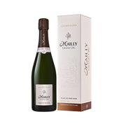 Sparkling champagne bottle with dark label and gift box packaging, 750 mL