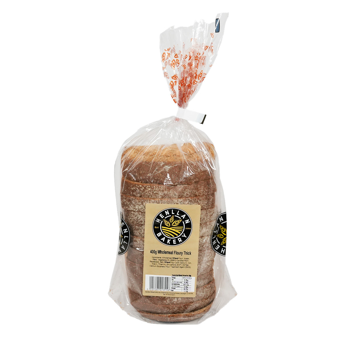 HENLLAN thick sliced wholemeal bread in sealed plastic bag, 400 g loaf