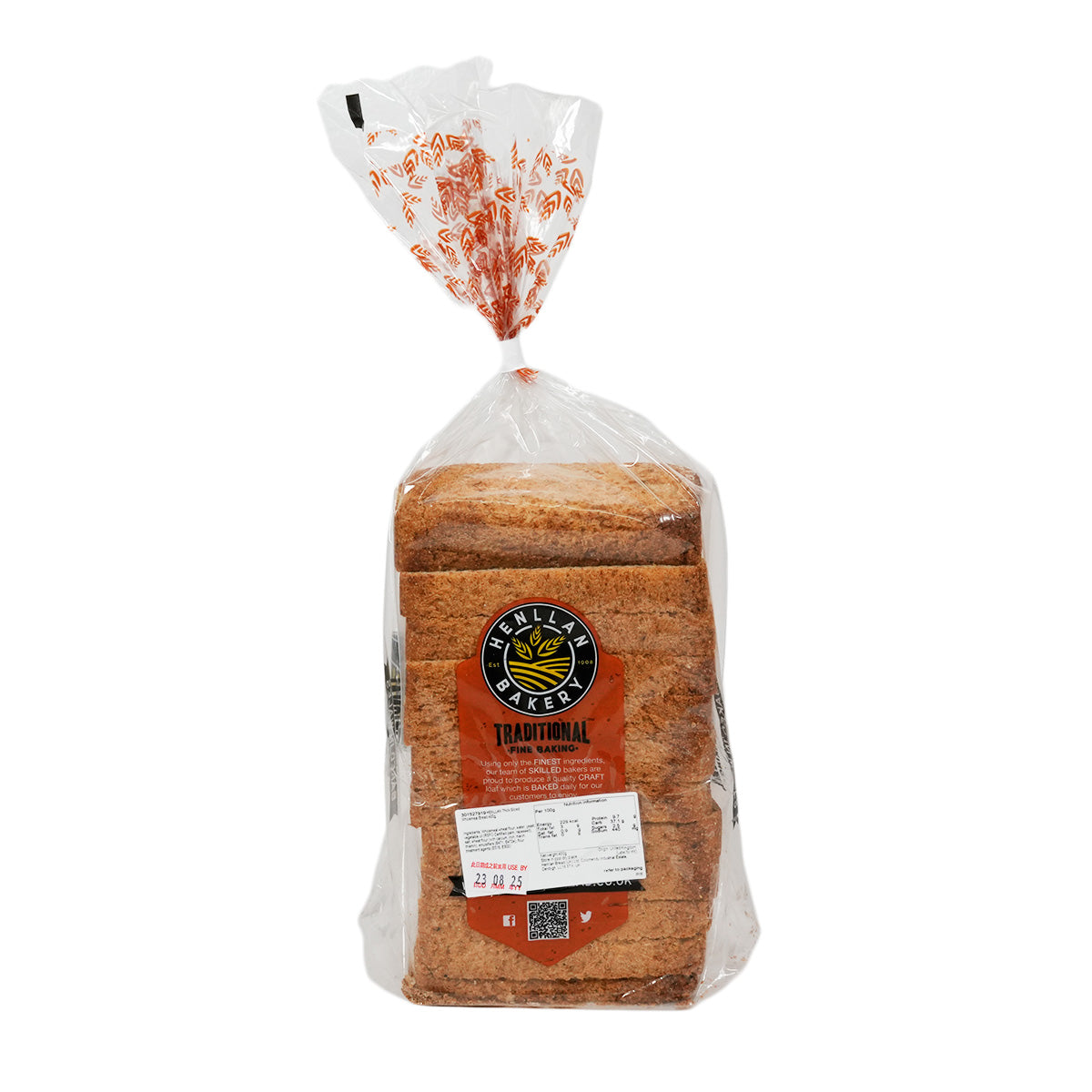 HENLLAN thick sliced wholemeal bread, visible loaf in sealed plastic packaging