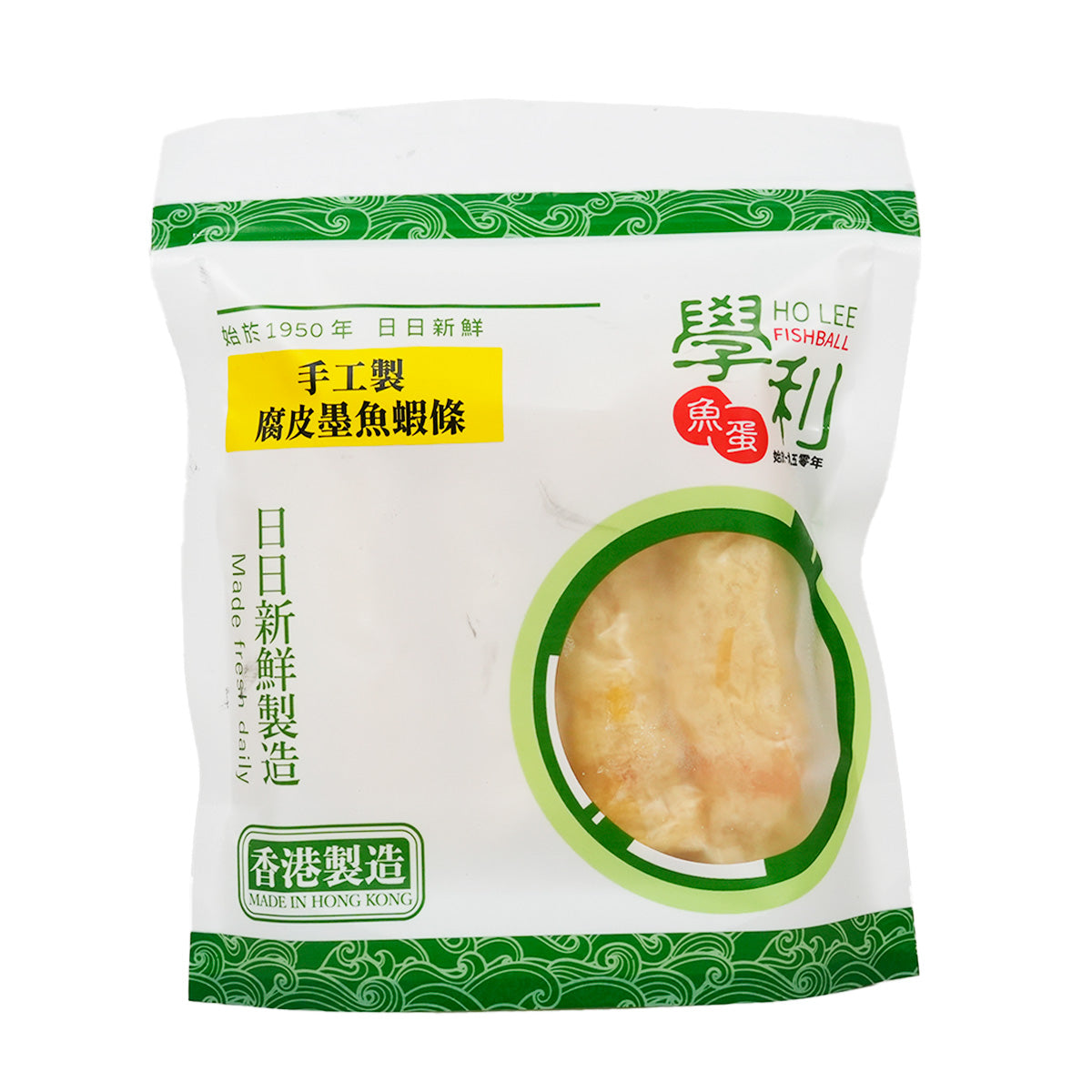 Beancurd rolls pouch with green border and circular window showing pale rolls
