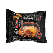 Packaged miso ramen with bowl image and topping illustration, 535 g, black pouch