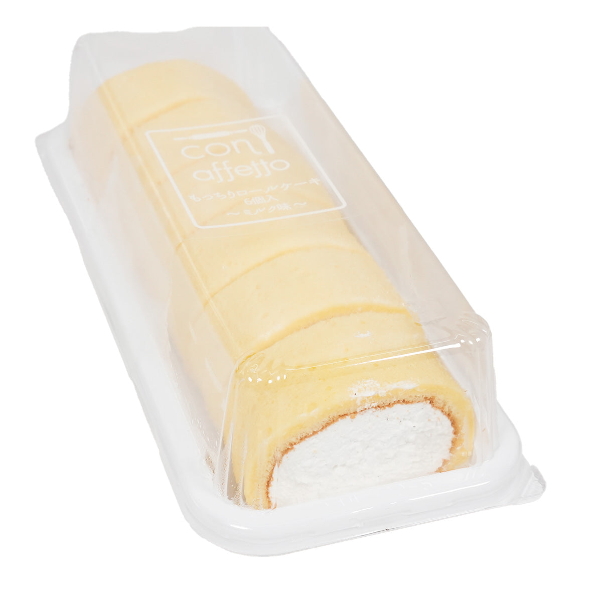 Soft milk Swiss roll, sliced roll with white cream filling, shown in clear plastic packaging