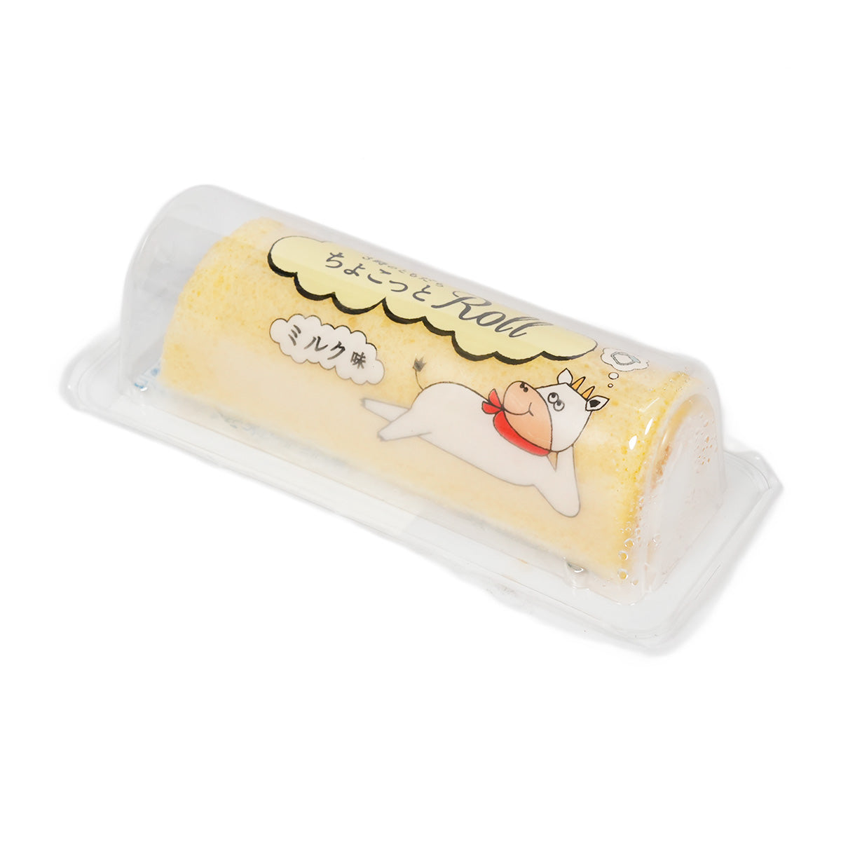 Milk swiss roll in clear plastic sleeve with front label illustration