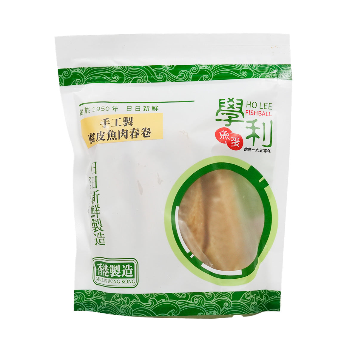 HOLEEFISHBALL fish meat beancurd rolls pouch, green logo front with round product window