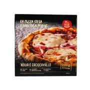 Frozen pizza box front with cheesy pizza and spicy nduja topping image
