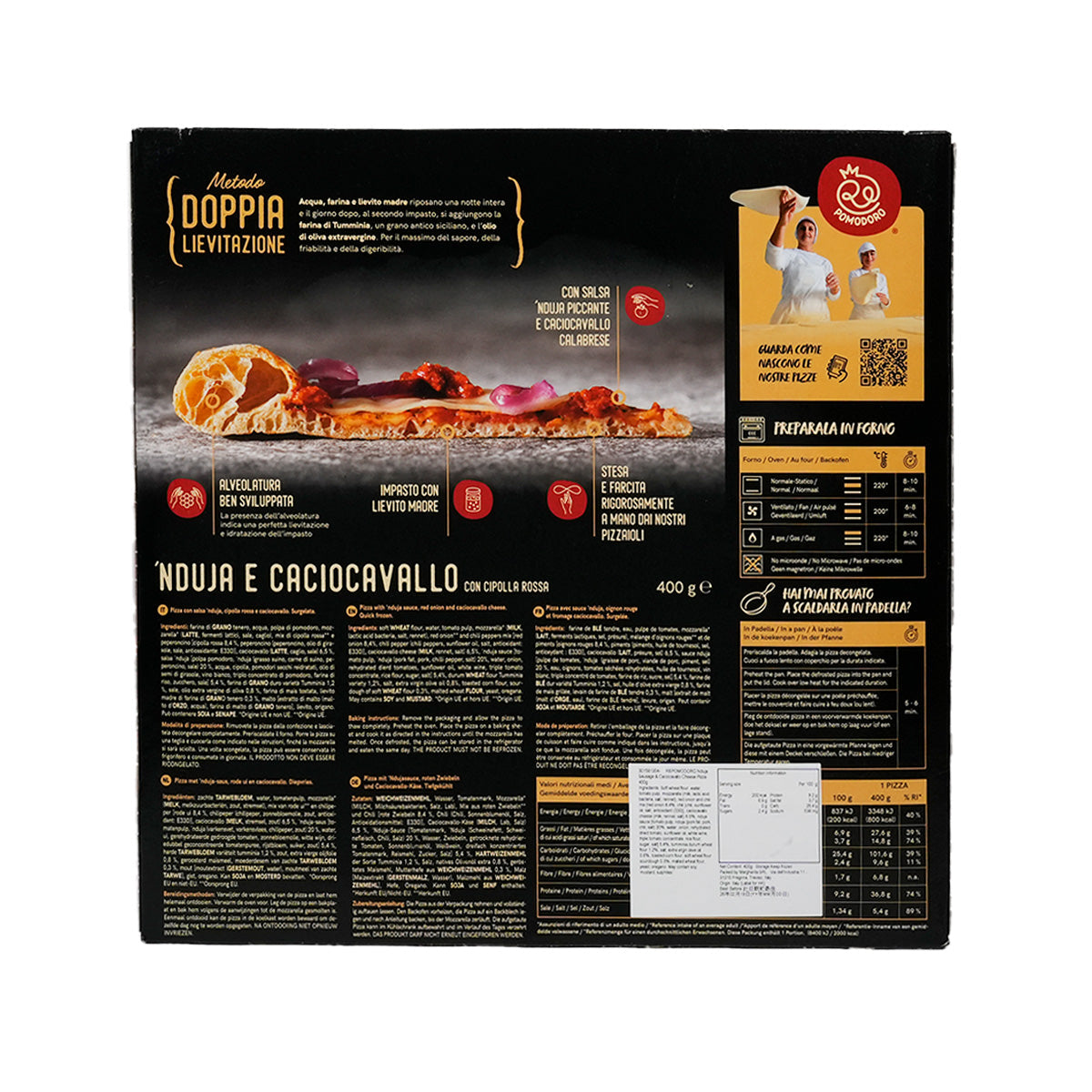 Frozen pizza box back with ingredients text and nutrition panel plus pizza graphics