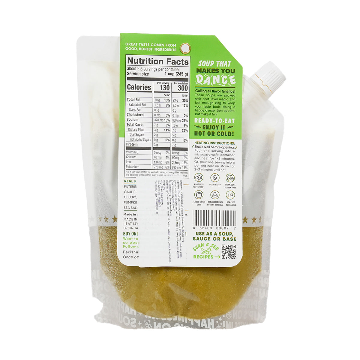 Soup pouch back with Nutrition Facts panel, ready-to-eat instructions