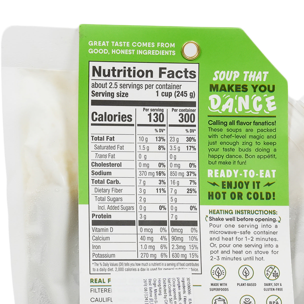Nutrition Facts label for broccoli & sunflower seed soup pouch