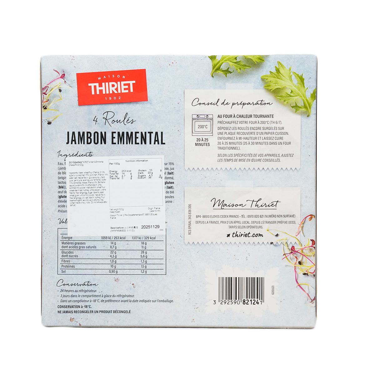 Back of THIRIET ham & Emmental cheese rolls package with label details