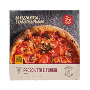 Frozen pizza box front showing prosciutto, mushrooms, and cheese, 400 g