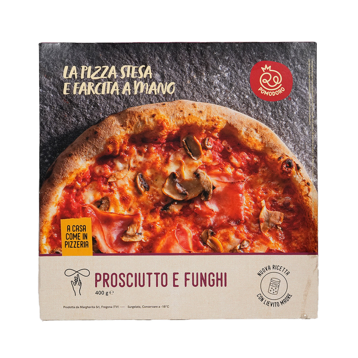 Frozen pizza box front showing prosciutto, mushrooms, and cheese, 400 g