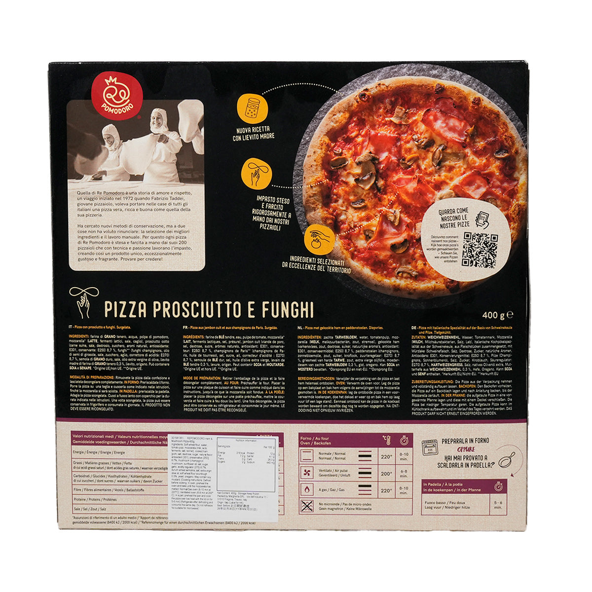 Frozen pizza package back with pizza photo and nutrition panels, 400 g