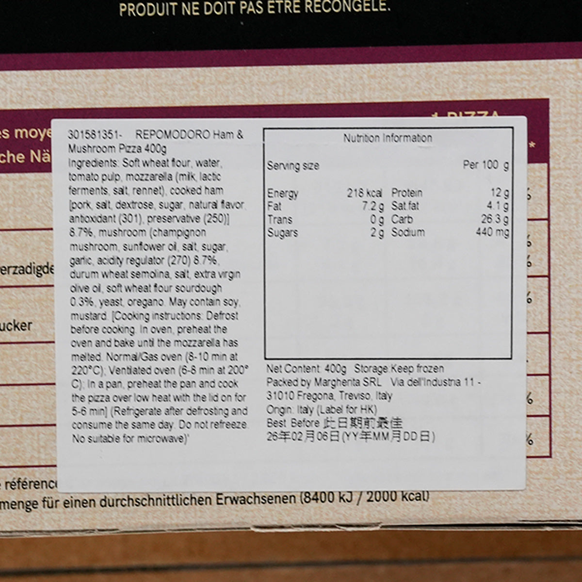 Pizza nutrition label close-up with ingredients and serving information