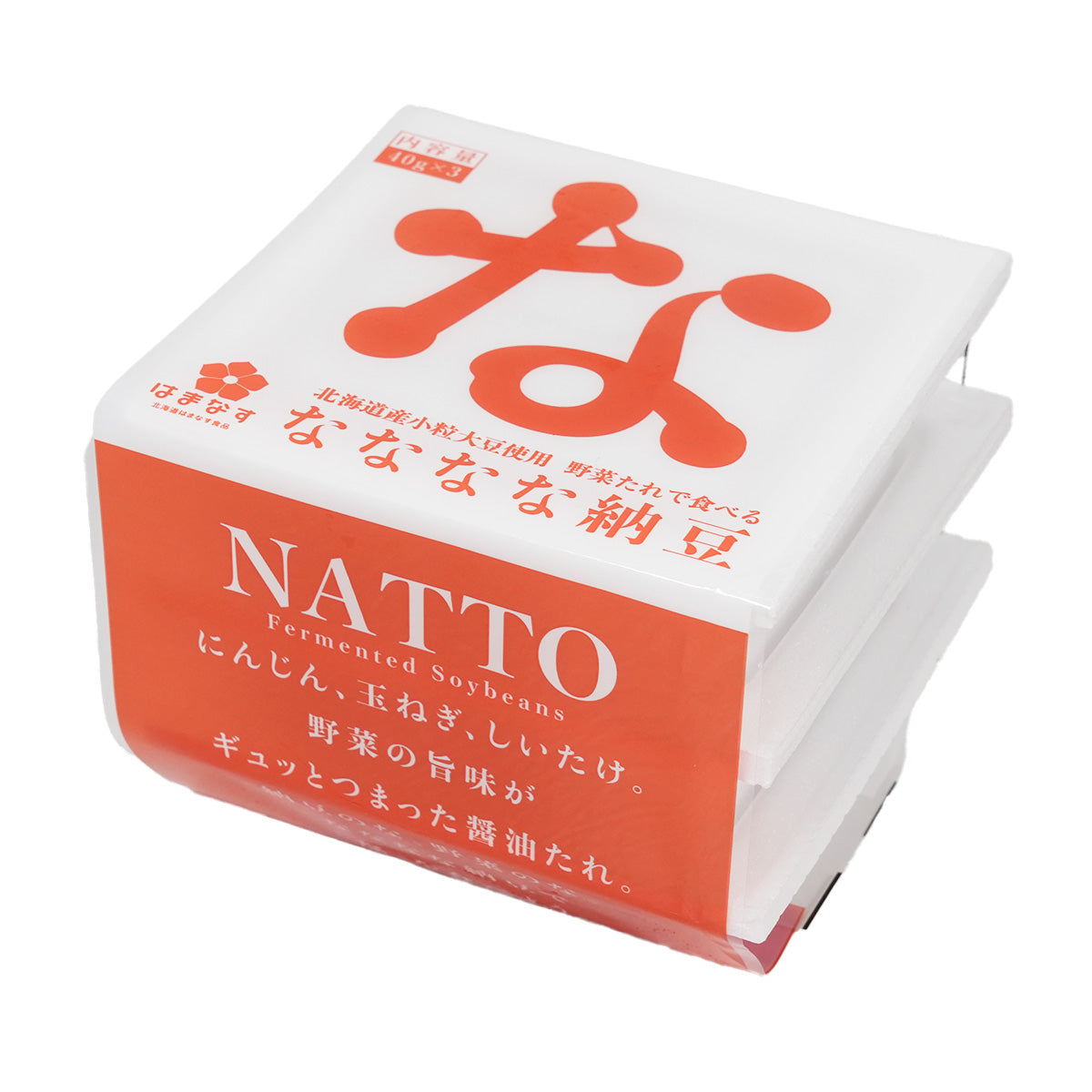 Stack of natto bean packs with vegetable sauce, white and orange front labels