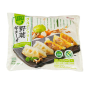 Frozen vegetable gyoza pack with 30 pieces, gluten-free, vegan symbol on front