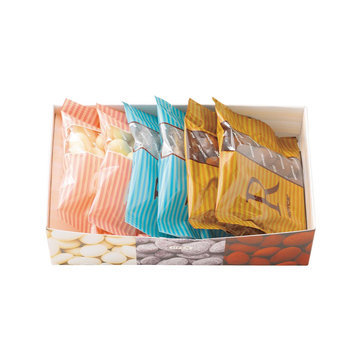 Assorted almond chocolate box with wrapped bars in multiple colors