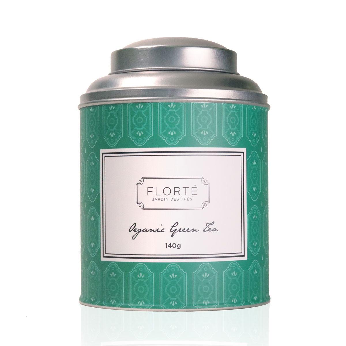 FLORTE organic green tea loose leaf in green tin, 140g