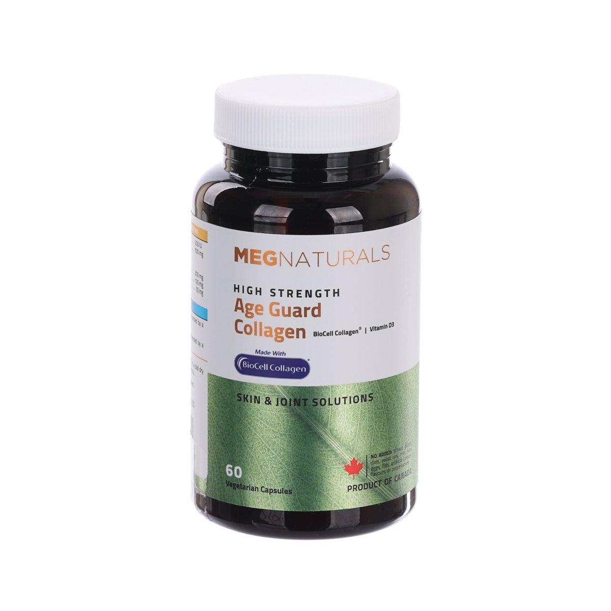 Collagen supplement bottle with white cap, black container, Age Guard label