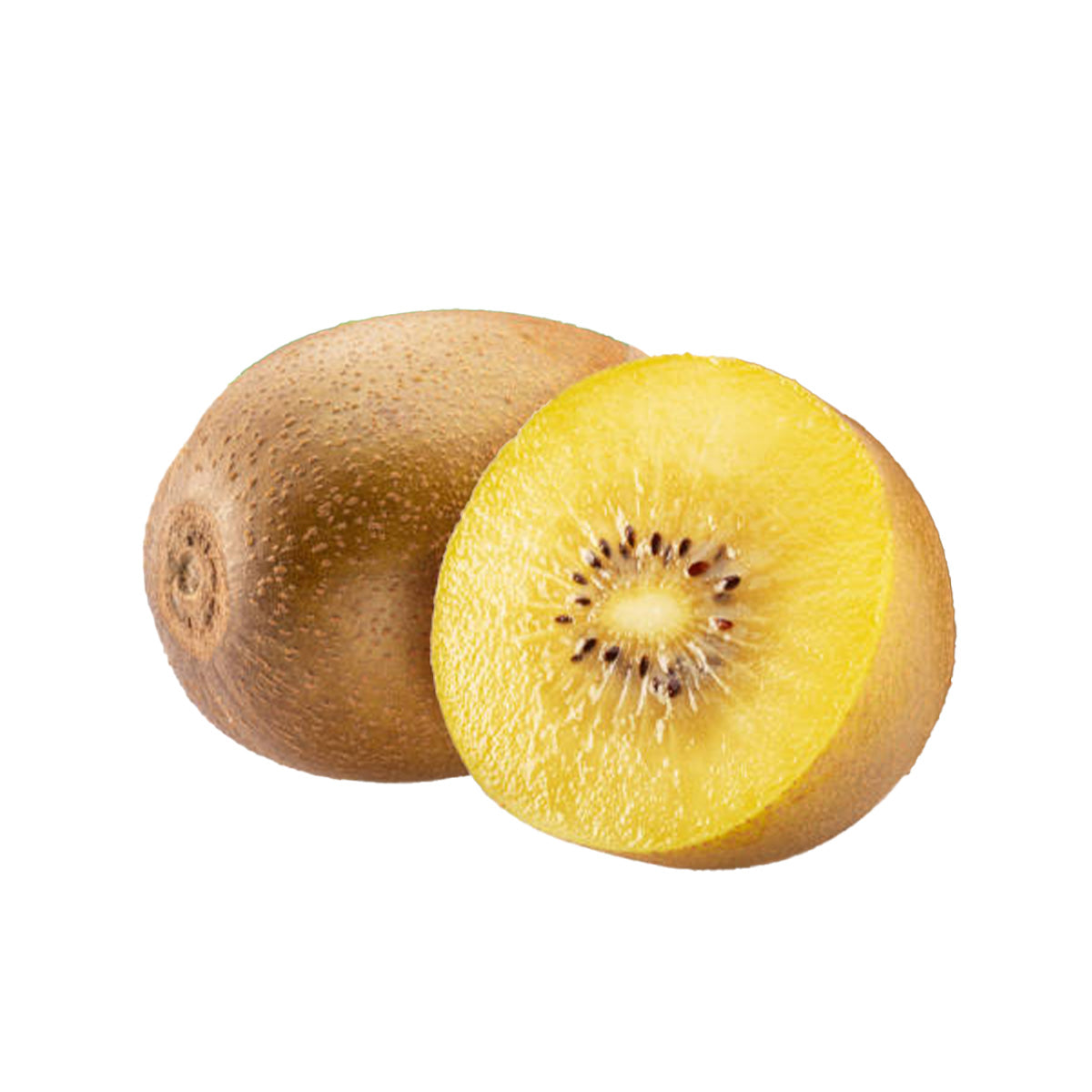Golden kiwifruit: whole fruit and cut half, yellow flesh with tiny seeds