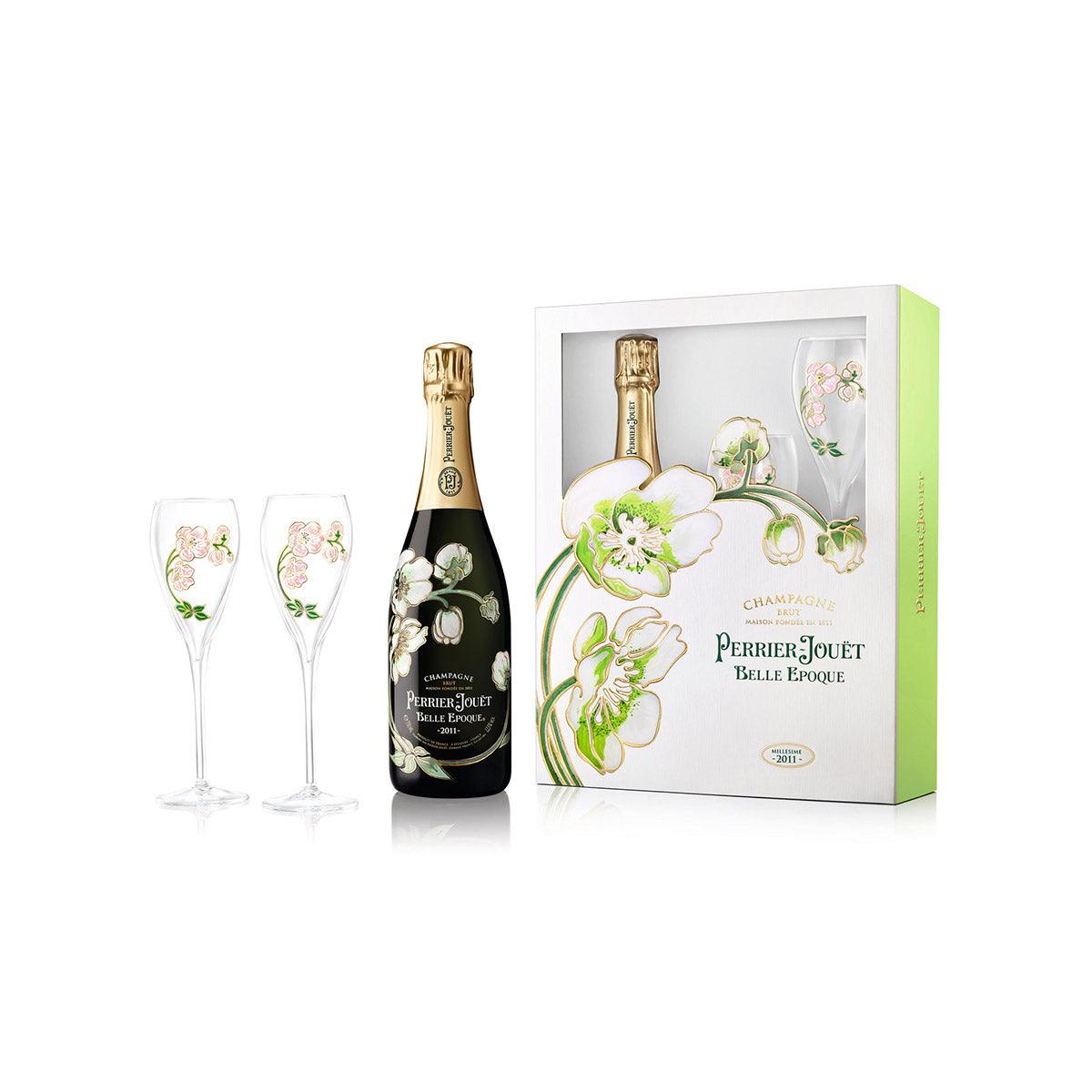 PERRIER JOUET Belle Epoque champagne set with bottle, two flutes, and floral gift box