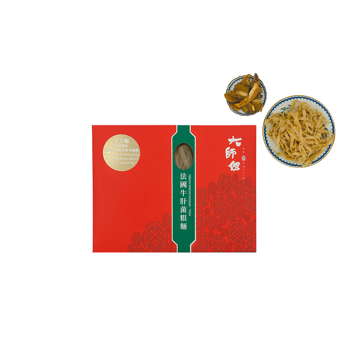 DASHIJIE porcini thick noodles 6-pack, red package front with bowl of noodles and porcini