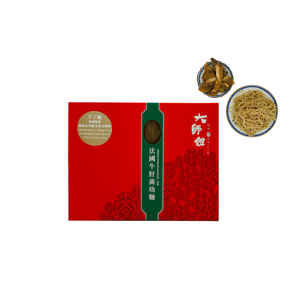 Porcini fine noodles 6-pack front box with dried mushrooms and small bowl of noodles