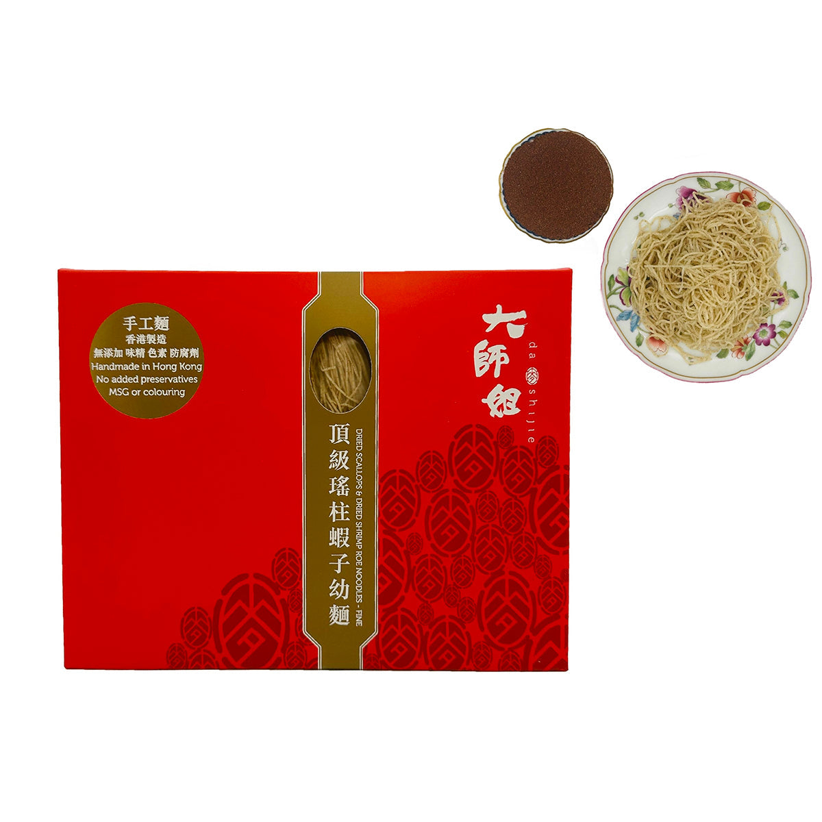 Red fine dried scallop & shrimp roe noodle pack with gold seal and noodle bowl