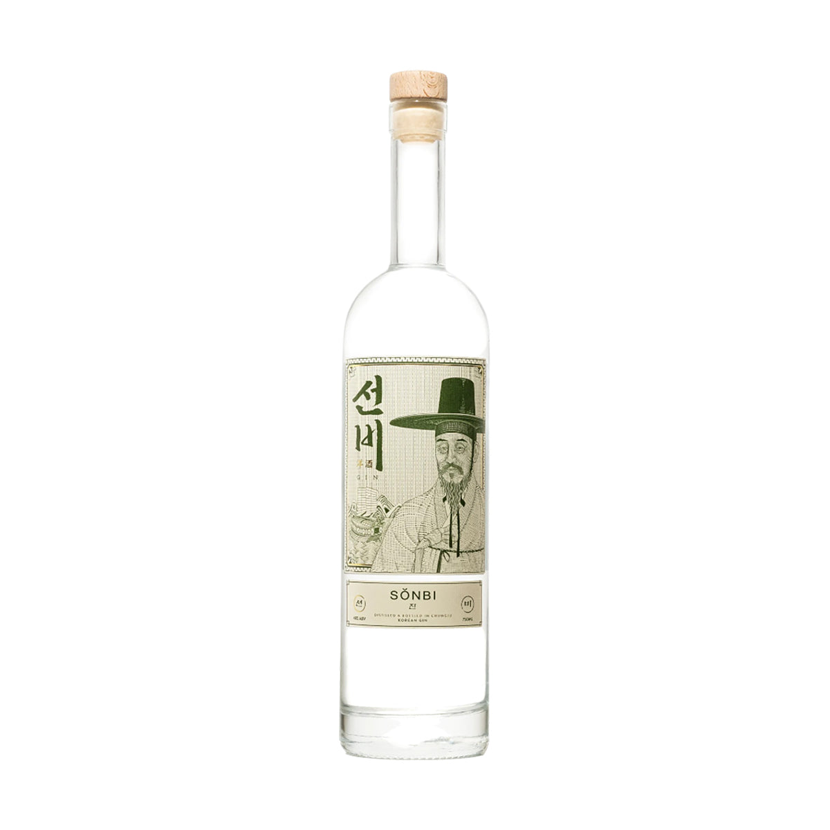 Gin bottle with cork stopper and cream label, 750 mL