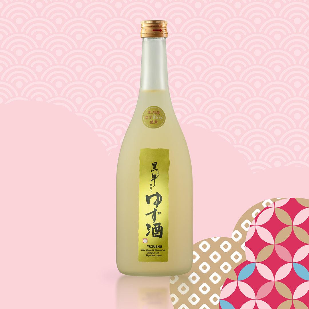 Yuzu liqueur bottle with gold cap and yellow label, 720 mL, full view