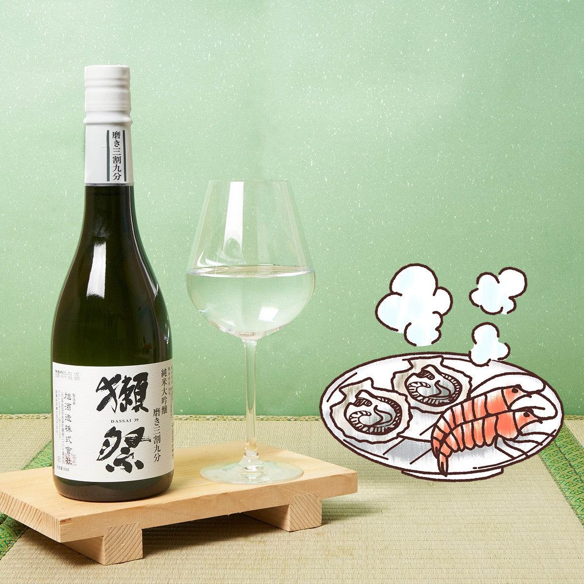 DASSAI 39 Junmai Daiginjo bottle with white cap beside wine glass and fish graphic.