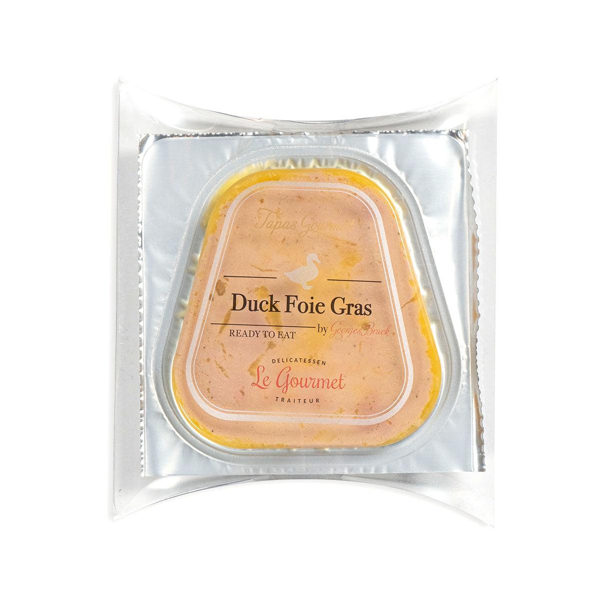Semi-cooked duck foie gras in sealed foil tray, labeled Le Gourmet 40g