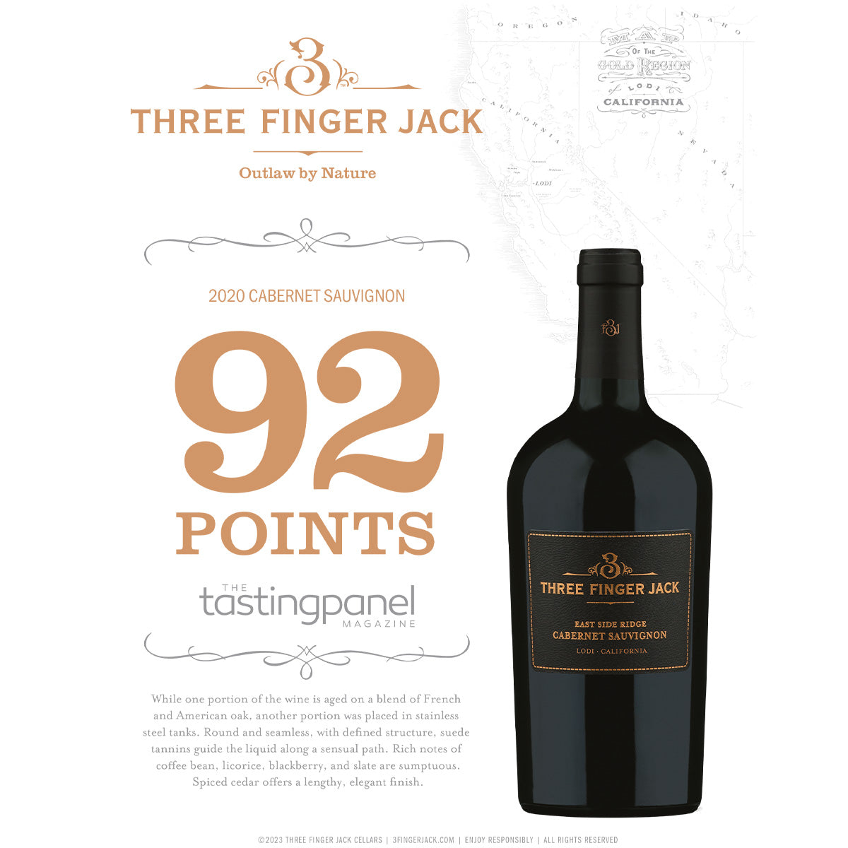 Three Finger Jack 92 points Cabernet Sauvignon bottle with label.
