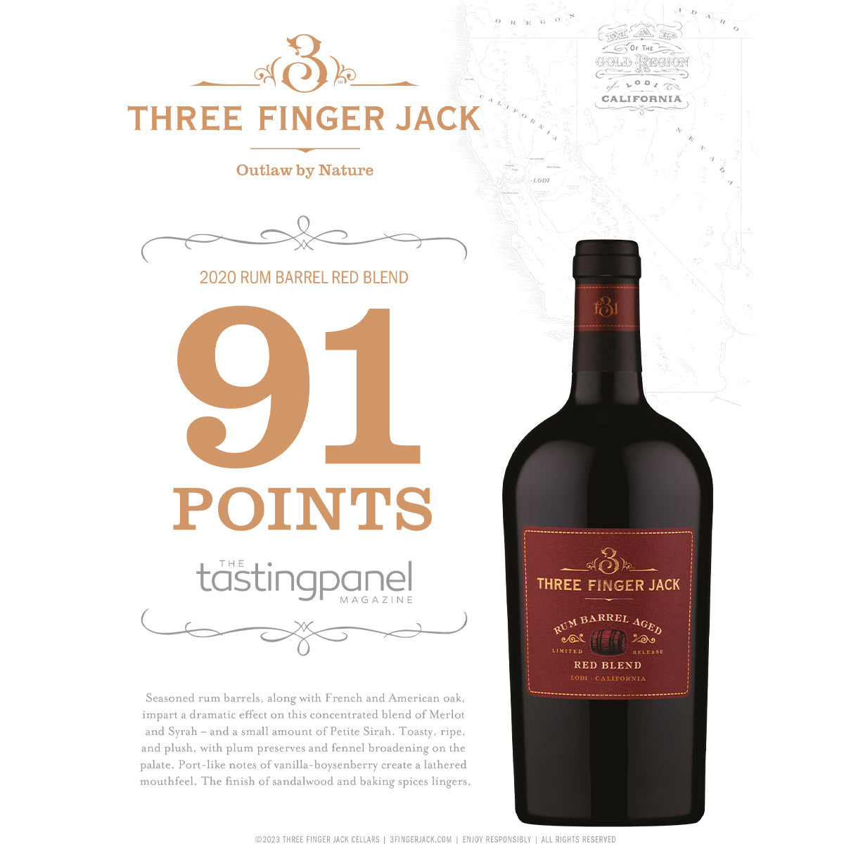 Three Finger Jack red blend bottle with front label and 91 points badge
