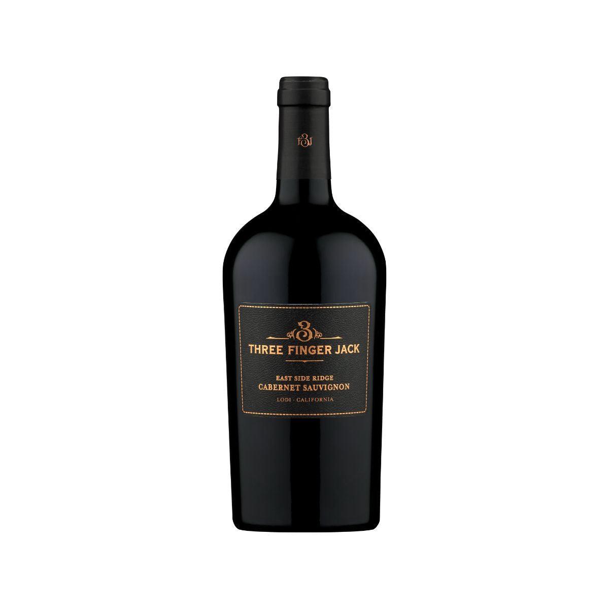 Cabernet Sauvignon wine bottle with Three Finger Jack label, dark glass.