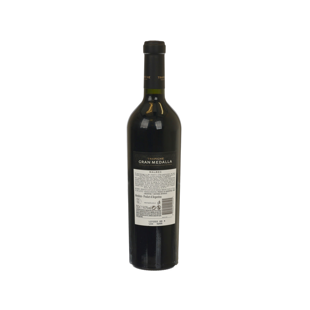 TRAPICHE Gran Medalla Malbec 19/22 wine bottle, back label with bar code