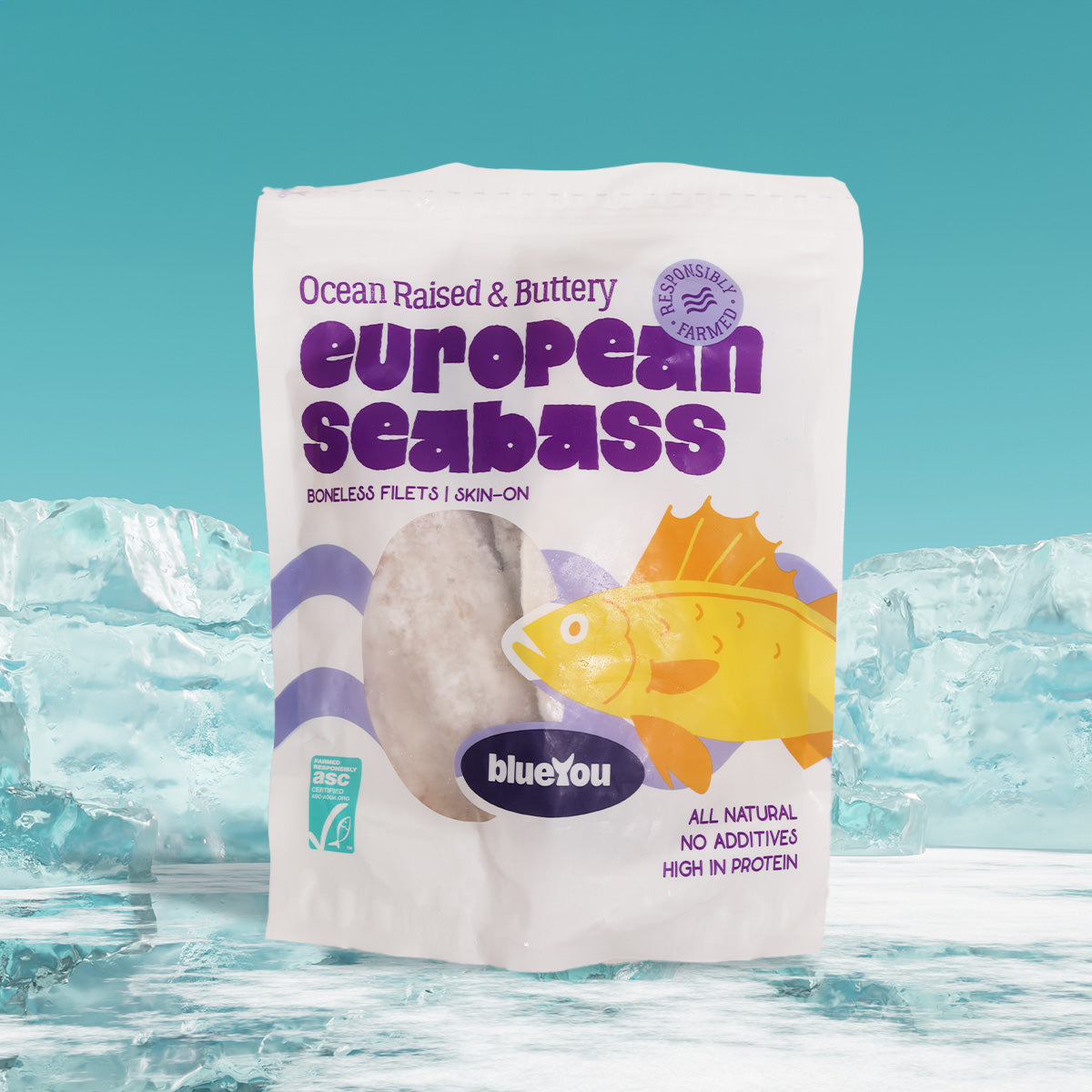 Frozen European seabass fillets pouch, skin-on boneless, blueYou brand