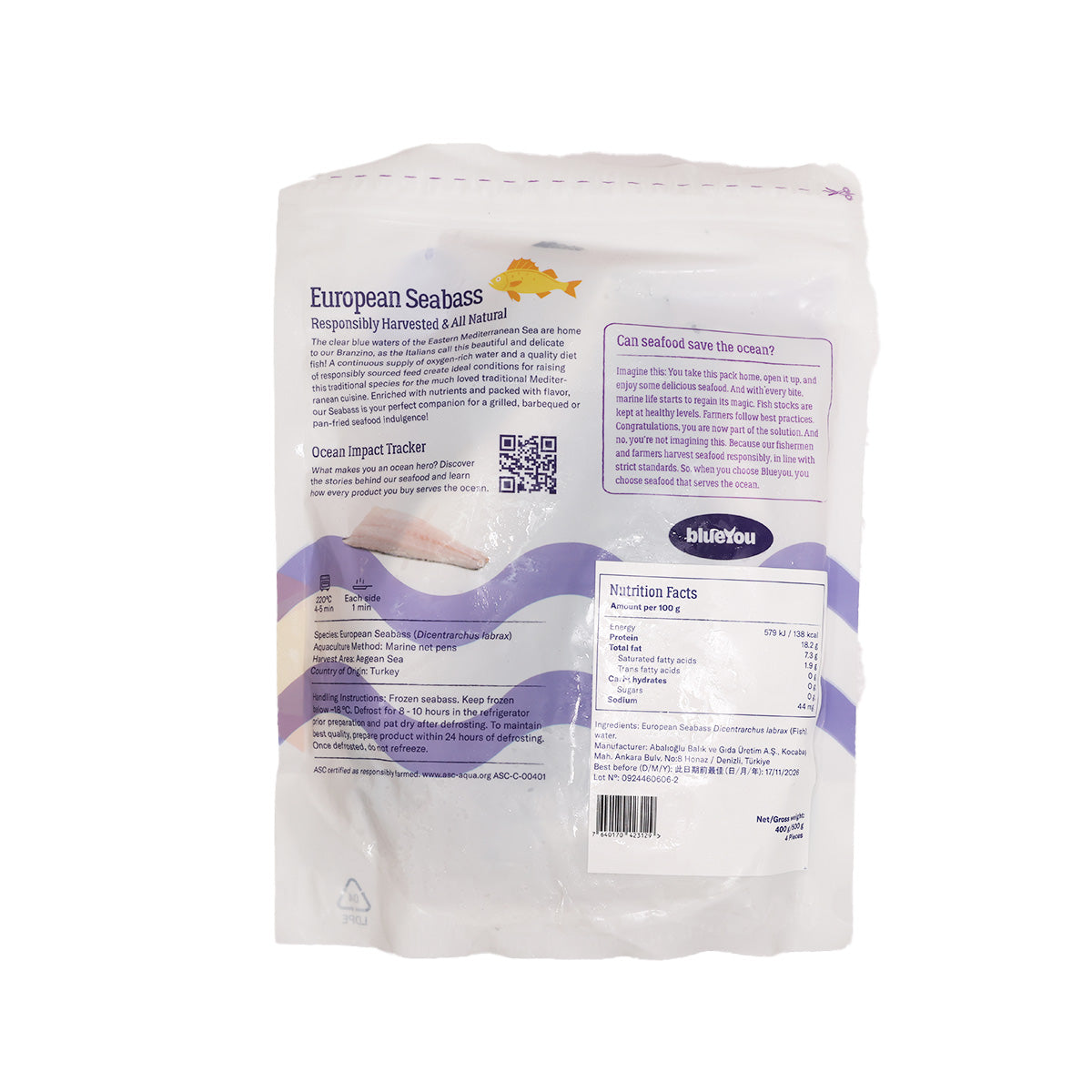 Frozen European seabass fillets pouch, back label with ingredients and barcode