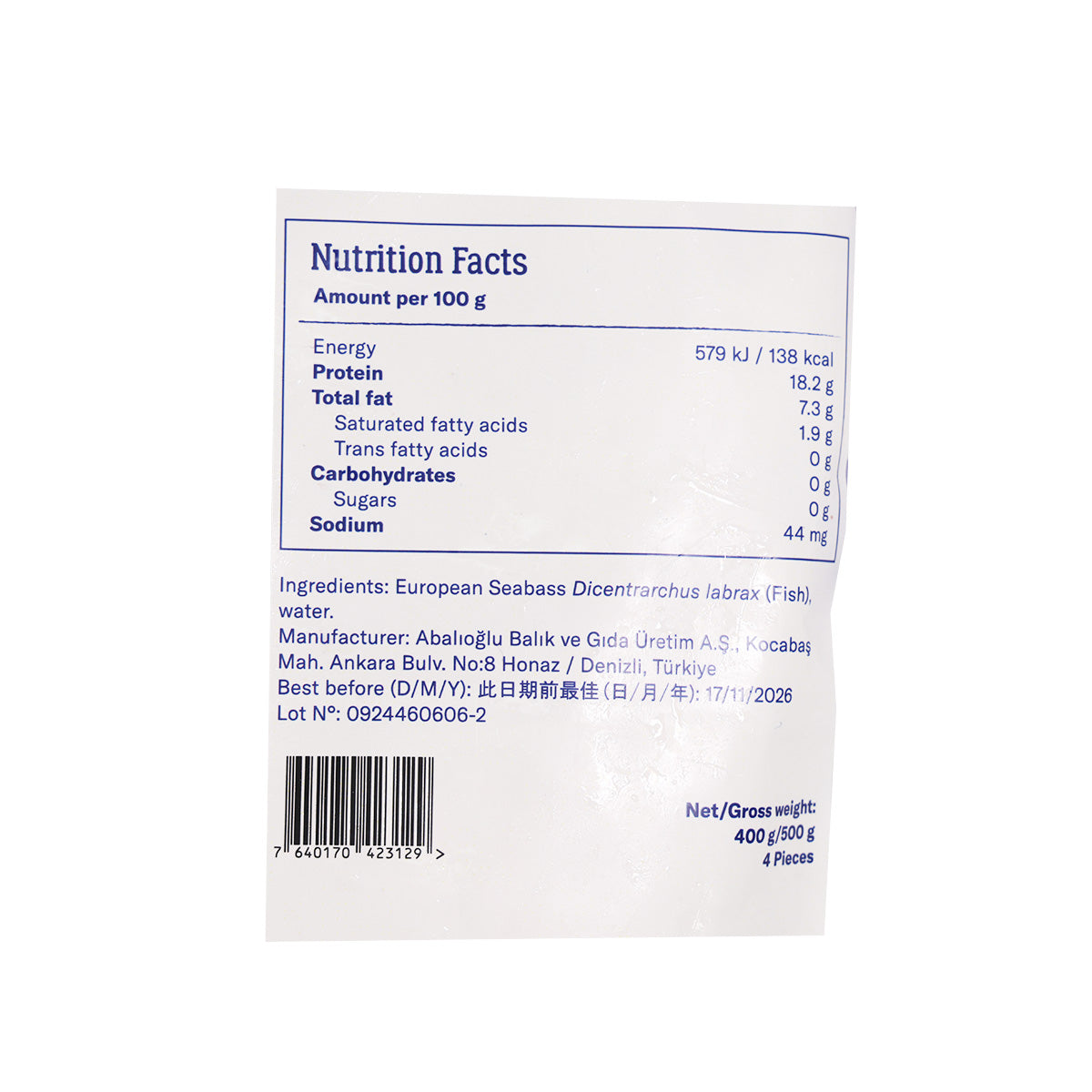 Frozen European seabass fillets nutrition facts panel, per 100 g