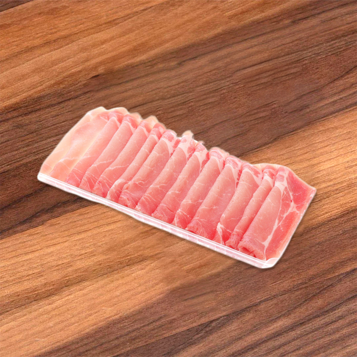 Thinly sliced pork collar meat on tray for shabu shabu