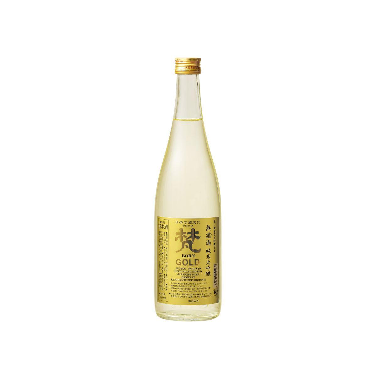 BORN Gold Junmai Daiginjo sake bottle, 720 mL, gold label on clear glass