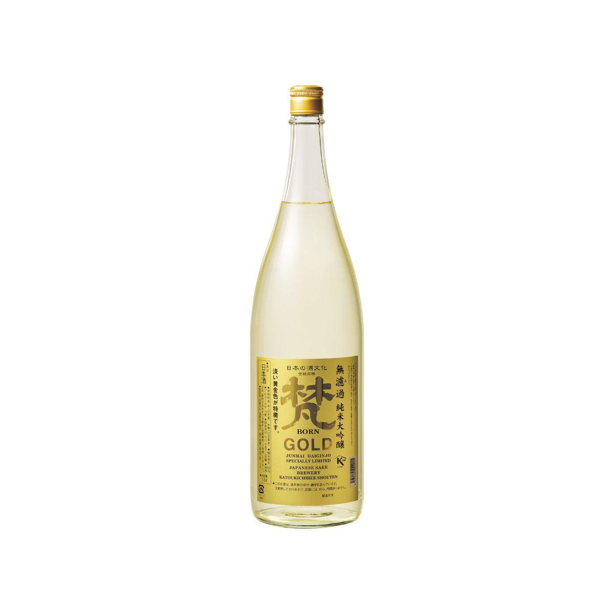 BORN Gold Junmai Daiginjo sake bottle, clear pale-gold liquid, gold cap