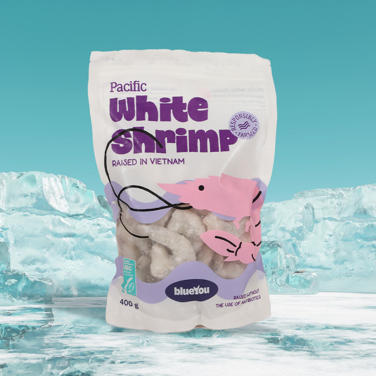 Frozen white shrimp bag, tail-off, 400g
