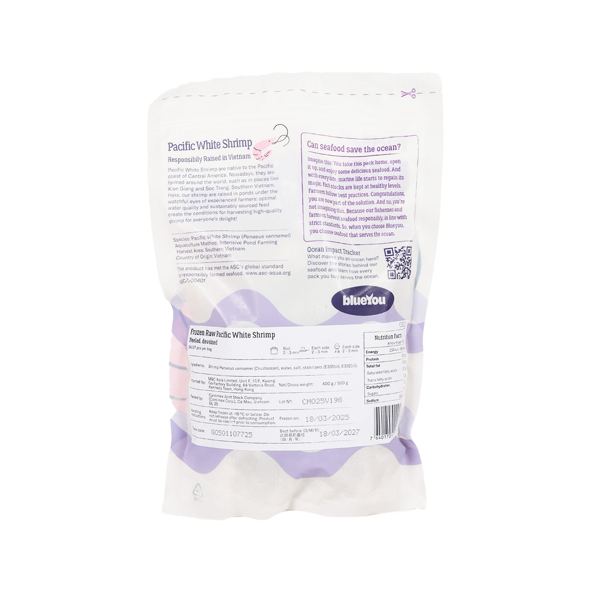 Frozen white shrimp back label on white bag with product details
