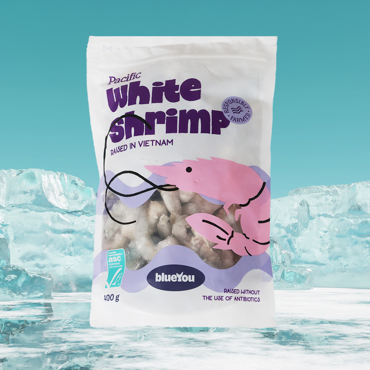 Frozen white shrimp pouch, blueyou Pacific White Shrimp front with ASC label