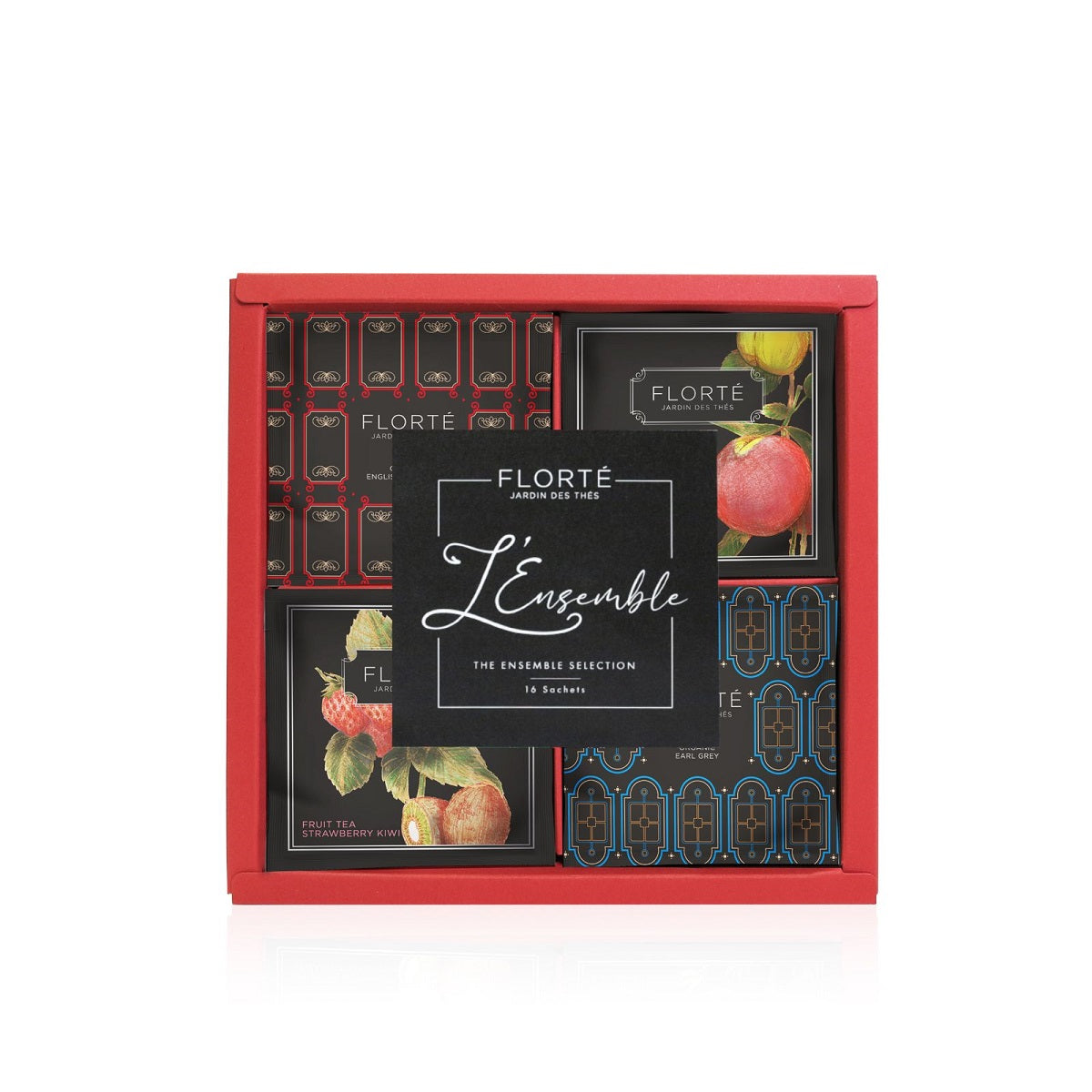 Tea bag gift set box with FLORTE "L'Ensemble" card, patterned compartments, 16 pcs