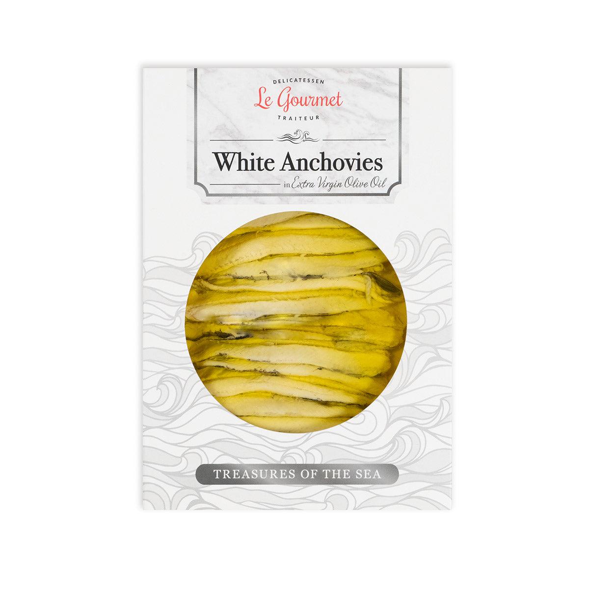 White anchovies in extra virgin olive oil 120g package with circular front window
