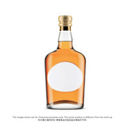 Glass bottle with amber drink, gold cap, white round label